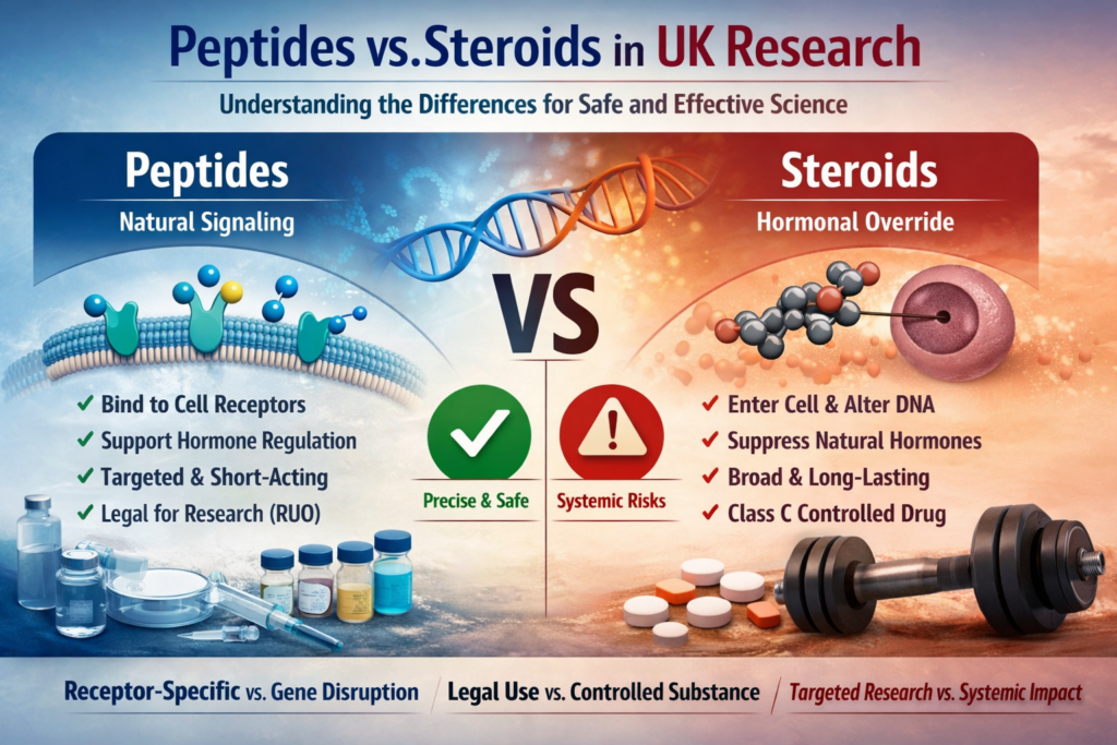 are peptides steroids, are peptides considered steroids, peptides vs steroids, peptides vs anabolic steroids, difference between peptides and steroids, peptides not steroids, peptides steroid myth, peptides compared to steroids, peptides and steroids difference, peptides steroids comparison, peptides vs testosterone steroids, are peptides hormones or steroids, peptide signaling vs steroids, peptide mechanism vs steroid mechanism, peptides amino acids vs steroids, peptides molecular structure, steroids four ring structure, peptide chains vs steroids, peptide signaling molecules, anabolic steroids definition, peptide biology explained, how peptides work, how steroids work, peptides receptor binding, steroids gene transcription, peptides natural signaling, steroids hormonal override, peptides endocrine effects, steroids endocrine suppression, peptides safety profile, steroids health risks, peptides targeted effects, steroids systemic risks, peptides research compounds, steroids controlled substances, peptides legal status UK, are peptides legal in UK, steroids legal UK, c steroids UK, peptides research use only, RUO peptides UK, peptides MHRA compliance, steroids misuse of drugs act, peptides vs steroids legality, peptides research ethics, steroids research risks, peptides laboratory research, steroids controlled drug research, peptides metabolic research, peptides muscle research, peptides tissue repair research, peptides regeneration signaling, peptides cellular biology, peptides longevity research, peptides metabolism signaling, peptides growth hormone signaling, steroids testosterone suppression, steroids HPG axis suppression, peptides feedback loops intact, steroids feedback shutdown, peptides short half life, steroids long half life, peptides receptor specificity, steroids broad effects, peptides clean data research, steroids confounding variables, peptides vs steroids safety, peptides non suppressive hormones, steroids fertility risk, peptides hormone support research, steroids liver toxicity, peptides cardiovascular safety, steroids heart risk, peptides vs steroids muscle growth, peptides vs steroids recovery, peptides vs steroids fat loss, peptides vs steroids research models, peptides preferred over steroids, why peptides not steroids, peptide research benefits, steroid research limitations, peptides modern research tools, steroids outdated research tools, peptides biological signaling explained, peptides cellular communication, steroids nuclear receptor binding, peptides surface receptor binding, peptides scientific explanation, steroids scientific risks, peptides endocrine friendly research, steroids hormone replacement effects, peptides vs steroids myths, peptides vs steroids facts, peptides vs steroids explained, peptides safer than steroids research, peptides UK research supplier, research peptides UK, lab grade peptides UK, peptide research compounds UK, steroids controlled research UK, peptides vs steroids compliance, peptides research legality UK, steroids criminal penalties UK, peptides sourcing UK, peptides vs steroids academic research, peptides biochemical role, steroids biochemical role, peptides signaling cascades, steroids forced gene expression, peptides physiological alignment, steroids non physiological effects, peptides vs steroids overview, peptides vs steroids guide, peptides vs steroids science, peptides vs steroids research comparison